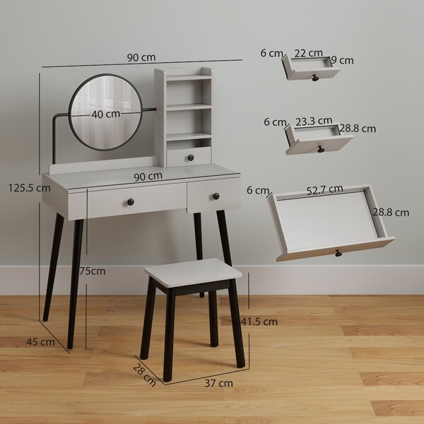 HOMCOM Dressing Table Set with Mirror and Stool, Vanity Makeup Table with 3 Drawers and Open Shelves for Bedroom, Living Room, Grey Aosom UK