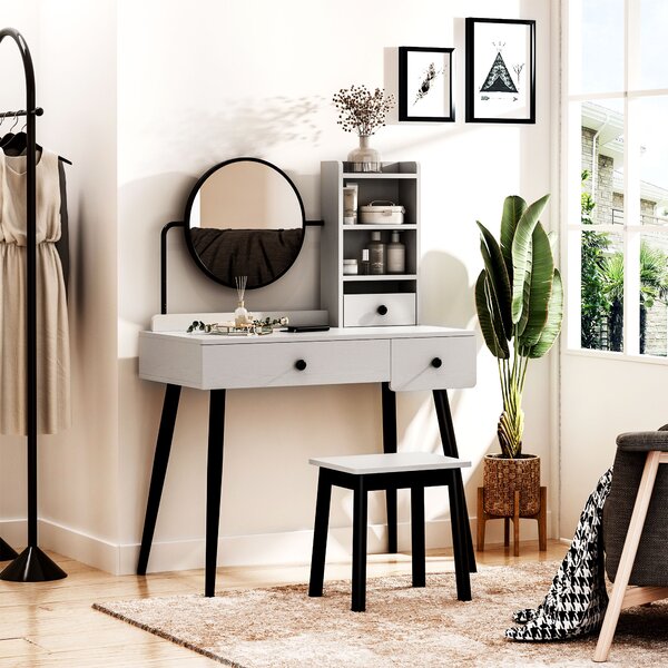 HOMCOM Dressing Table Set with Mirror and Stool, Vanity Makeup Table with 3 Drawers and Open Shelves for Bedroom, Living Room, Grey Aosom UK