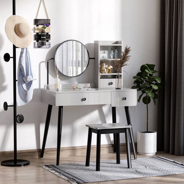 HOMCOM Dressing Table Set with Mirror and Stool, Vanity Makeup Table with 3 Drawers and Open Shelves for Bedroom, Living Room, Grey Aosom UK