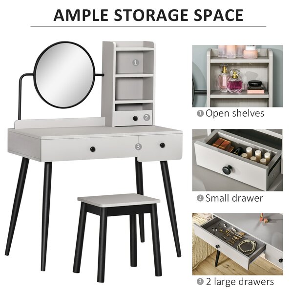 HOMCOM Dressing Table Set with Mirror and Stool, Vanity Makeup Table with 3 Drawers and Open Shelves for Bedroom, Living Room, Grey Aosom UK