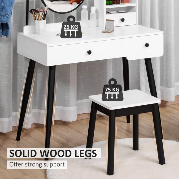 HOMCOM Vanity Dressing Table Set with Mirror and Stool, Makeup Table with 3 Drawers and Open Shelves, White Aosom UK