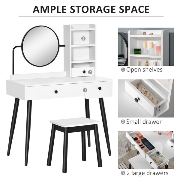 HOMCOM Vanity Dressing Table Set with Mirror and Stool, Makeup Table with 3 Drawers and Open Shelves, White Aosom UK