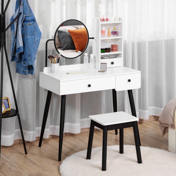 HOMCOM Vanity Dressing Table Set with Mirror and Stool, Makeup Table with 3 Drawers and Open Shelves, White Aosom UK