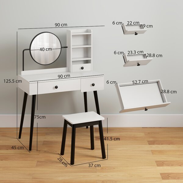 HOMCOM Vanity Dressing Table Set with Mirror and Stool, Makeup Table with 3 Drawers and Open Shelves, White Aosom UK