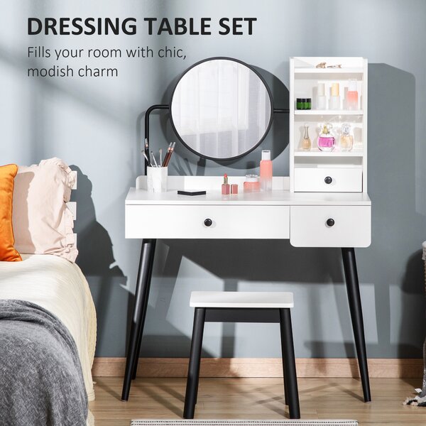 HOMCOM Vanity Dressing Table Set with Mirror and Stool, Makeup Table with 3 Drawers and Open Shelves, White Aosom UK
