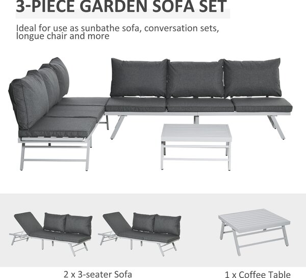 Outsunny 3 Pcs Garden Seating Set w/ Convertible Sofa Lounge Table Padded Cushions Outdoor Patio Furniture Couch Grey