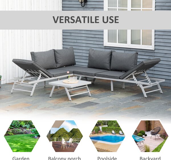 Outsunny 3 Pcs Garden Seating Set w/ Convertible Sofa Lounge Table Padded Cushions Outdoor Patio Furniture Couch Grey