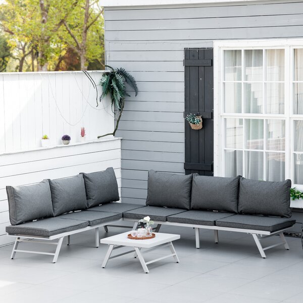 Outsunny 3 Pcs Garden Seating Set w/ Convertible Sofa Lounge Table Padded Cushions Outdoor Patio Furniture Couch Grey