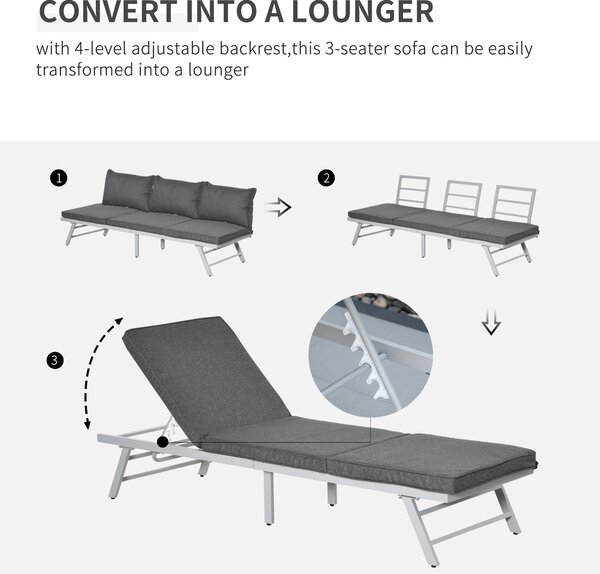 Outsunny 3 Pcs Garden Seating Set w/ Convertible Sofa Lounge Table Padded Cushions Outdoor Patio Furniture Couch Grey