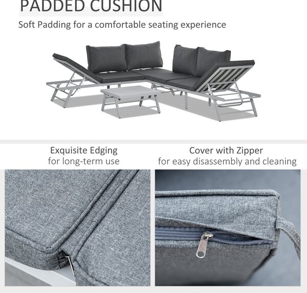 Outsunny 3 Pcs Garden Seating Set w/ Convertible Sofa Lounge Table Padded Cushions Outdoor Patio Furniture Couch Grey