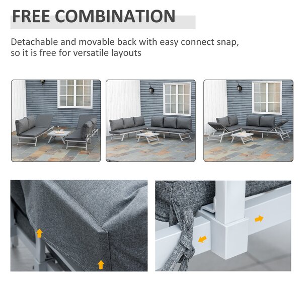 Outsunny 3 Pcs Garden Seating Set w/ Convertible Sofa Lounge Table Padded Cushions Outdoor Patio Furniture Couch Grey