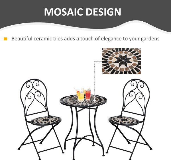 Outsunny 3 Piece Garden Outdoor Bistro Set with Coffee Table and 2 Folding Chairs, Mosaic Tile Top and Seats, Metal Frame, for Patio Balcony