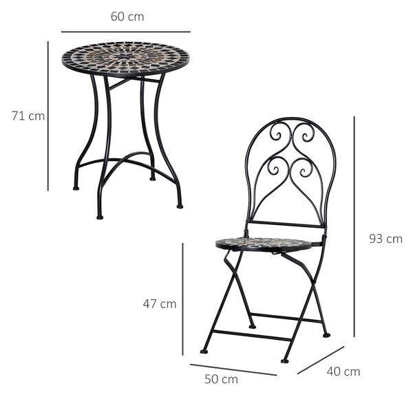 Outsunny 3 Piece Garden Outdoor Bistro Set with Coffee Table and 2 Folding Chairs, Mosaic Tile Top and Seats, Metal Frame, for Patio Balcony