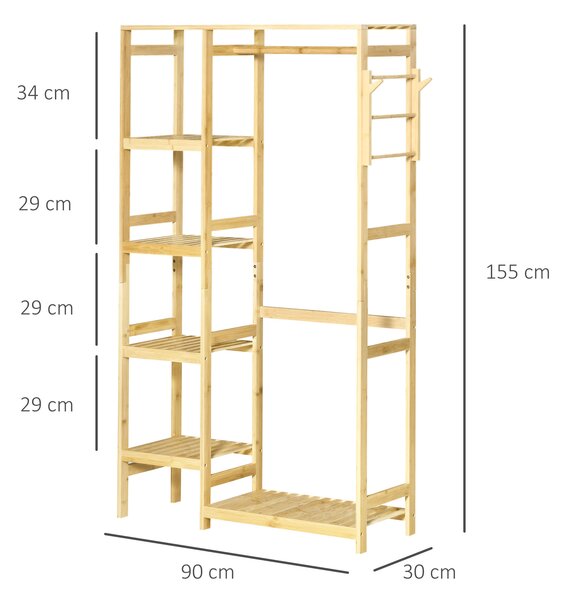 HOMCOM Bamboo Garment Rack, Clothes Rack with Storage Shelf, Hanging Rail and Side Hooks for Entryway, Bedroom, Bathroom and Office, Natural
