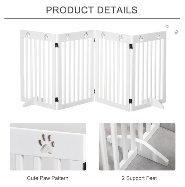 PawHut Foldable Wooden Pet Barrier: 4-Panel Safeguard for Doorways & Stairs, White Aosom UK