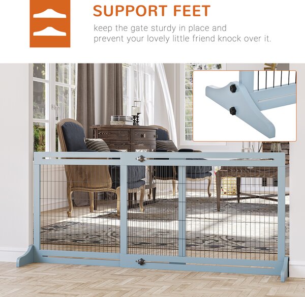 PawHut Adjustable Wooden Pet Gate, Freestanding Dog Barrier Fence with 3 Panels for Doorway, Hallway, 69H x 104-183H cm, Blue