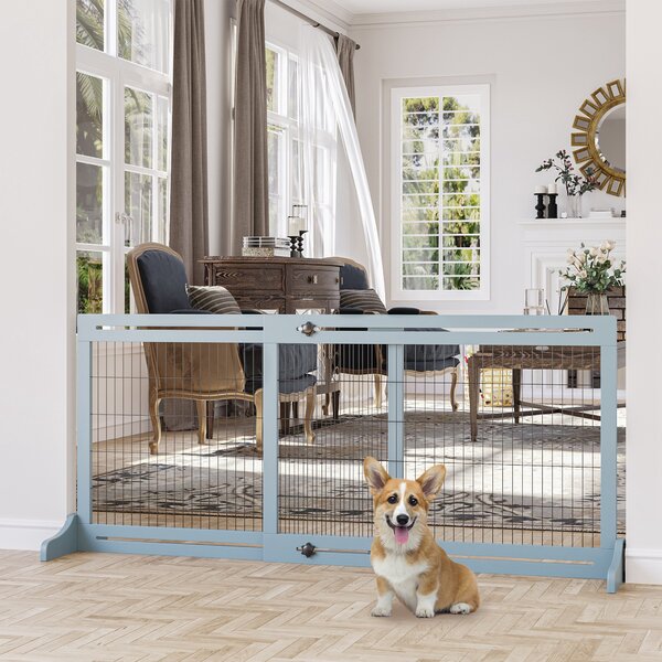 PawHut Adjustable Wooden Pet Gate, Freestanding Dog Barrier Fence with 3 Panels for Doorway, Hallway, 69H x 104-183H cm, Blue