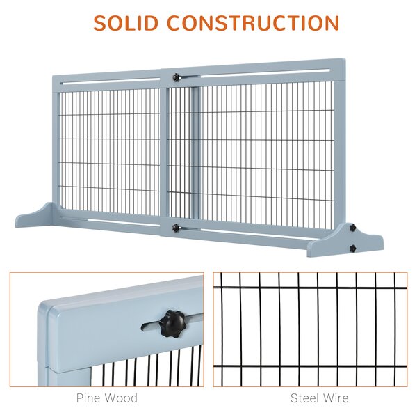 PawHut Adjustable Wooden Pet Gate, Freestanding Dog Barrier Fence with 3 Panels for Doorway, Hallway, 69H x 104-183H cm, Blue