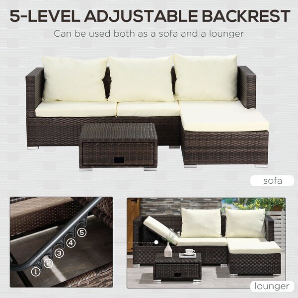 Outsunny 4-Seater Rattan Garden Furniture Storage Sofa Set Wicker Coffee Table Conservatory Sun Lounger Outdoor Weave w/ Cushion, Brown Aosom UK