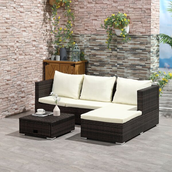Outsunny 4-Seater Rattan Garden Furniture Storage Sofa Set Wicker Coffee Table Conservatory Sun Lounger Outdoor Weave w/ Cushion, Brown Aosom UK