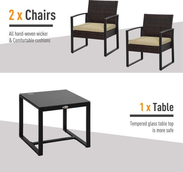 Outsunny Waterproof Rattan Patio Ensemble: 3-Piece Bistro Set with Sofa, Coffee Table & Chairs, Beige Aosom UK
