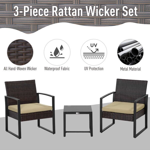 Outsunny Waterproof Rattan Patio Ensemble: 3-Piece Bistro Set with Sofa, Coffee Table & Chairs, Beige Aosom UK