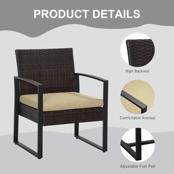 Outsunny Waterproof Rattan Patio Ensemble: 3-Piece Bistro Set with Sofa, Coffee Table & Chairs, Beige Aosom UK