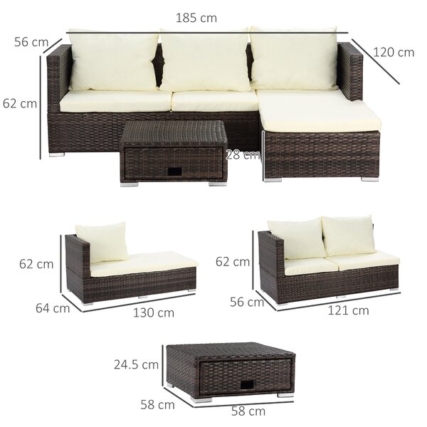 Outsunny 4-Seater Rattan Garden Furniture Storage Sofa Set Wicker Coffee Table Conservatory Sun Lounger Outdoor Weave w/ Cushion, Brown Aosom UK