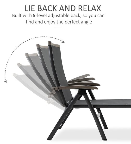 Outsunny Outdoor Folding Sun Lounger, 5-Position Adjustable Chaise Lounge Chair with Aluminium Frame for Patio, Pool and Garden, Grey