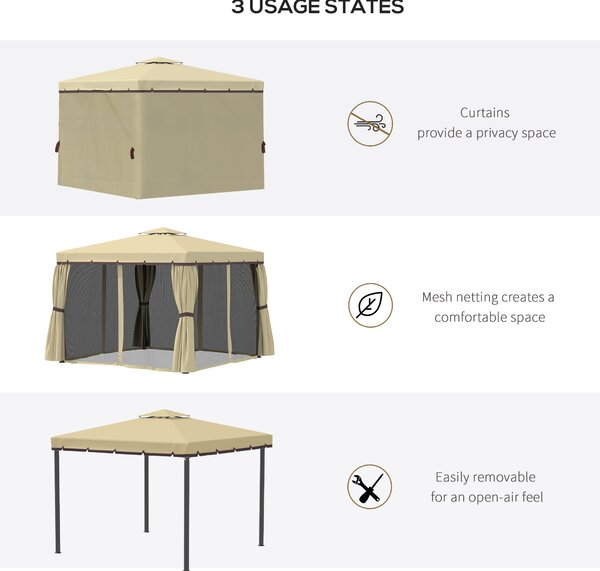 Outsunny 3 x 3m Outdoor Shelter, Patio Gazebo with 2 Tier Water Repellent Roof, Mosquito Netting and Curtains, Aluminium Frame, Beige Aosom UK