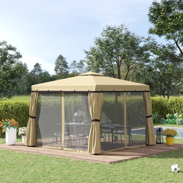 Outsunny 3 x 3m Outdoor Shelter, Patio Gazebo with 2 Tier Water Repellent Roof, Mosquito Netting and Curtains, Aluminium Frame, Beige Aosom UK