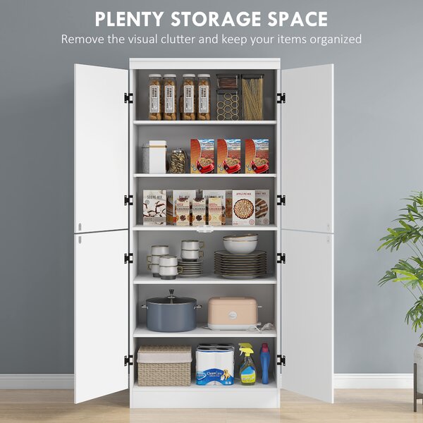 HOMCOM 4-Door Tall Kitchen Cupboard, Freestanding 6-Tier Storage Cabinet with 2 Adjustable Shelves for Living Room, Dining Room, White Aosom UK