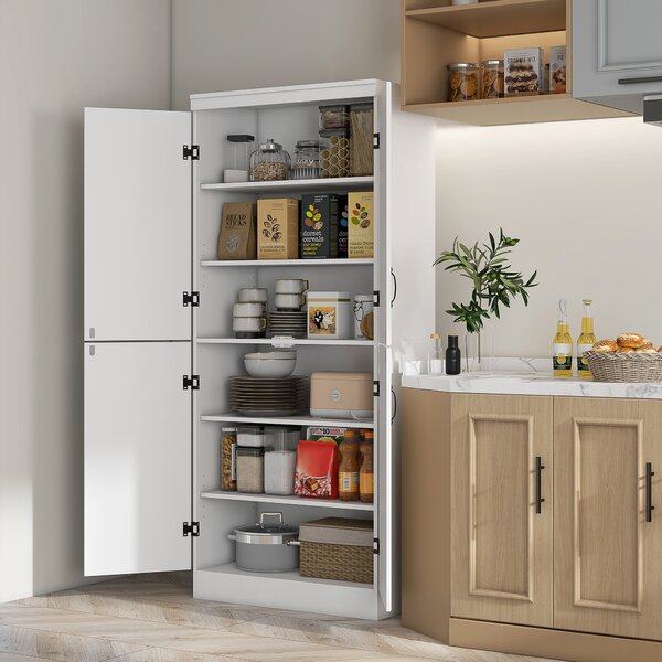 HOMCOM 4-Door Tall Kitchen Cupboard, Freestanding 6-Tier Storage Cabinet with 2 Adjustable Shelves for Living Room, Dining Room, White Aosom UK