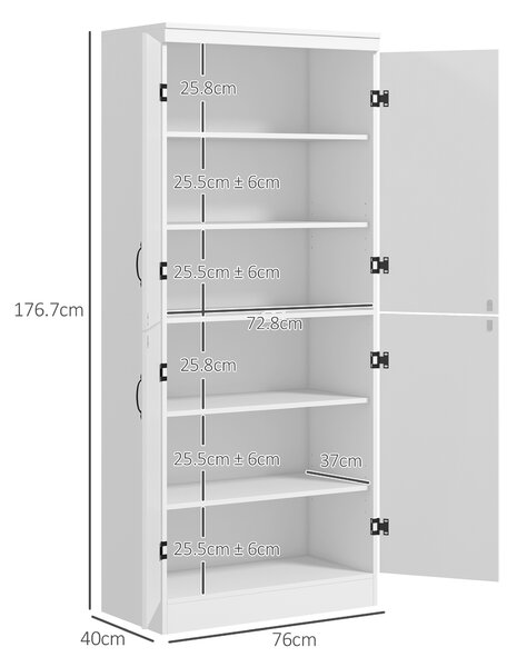 HOMCOM 4-Door Tall Kitchen Cupboard, Freestanding 6-Tier Storage Cabinet with 2 Adjustable Shelves for Living Room, Dining Room, White Aosom UK