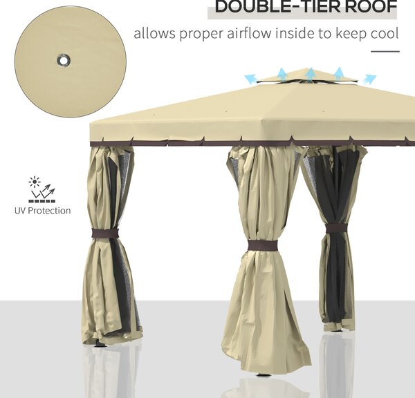 Outsunny 3 x 3m Outdoor Shelter, Patio Gazebo with 2 Tier Water Repellent Roof, Mosquito Netting and Curtains, Aluminium Frame, Beige Aosom UK