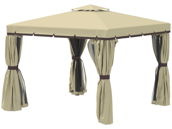 Outsunny 3 x 3m Outdoor Shelter, Patio Gazebo with 2 Tier Water Repellent Roof, Mosquito Netting and Curtains, Aluminium Frame, Beige Aosom UK