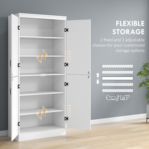 HOMCOM 4-Door Tall Kitchen Cupboard, Freestanding 6-Tier Storage Cabinet with 2 Adjustable Shelves for Living Room, Dining Room, White Aosom UK