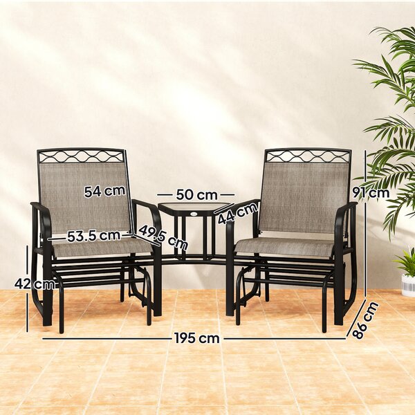 Outsunny Double Outdoor Glider Chair, 2 Seater Patio Rocking Chairs, Swing Bench w/ Tempered Glass Table, Mesh Fabric for Backyard, Garden, Brown