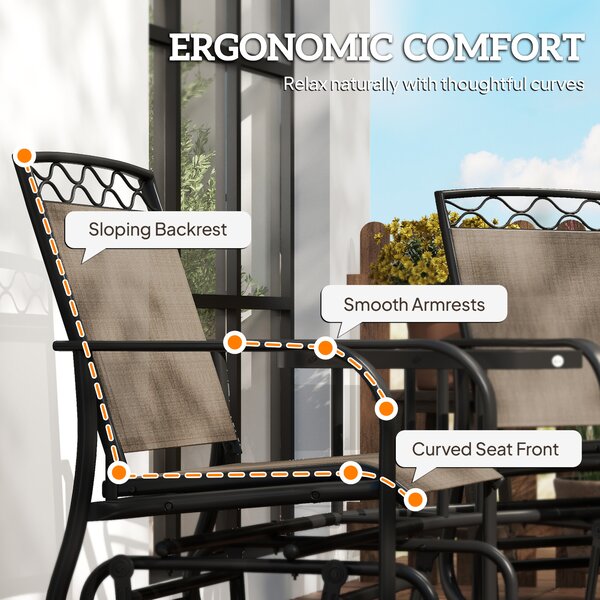 Outsunny Double Outdoor Glider Chair, 2 Seater Patio Rocking Chairs, Swing Bench w/ Tempered Glass Table, Mesh Fabric for Backyard, Garden, Brown