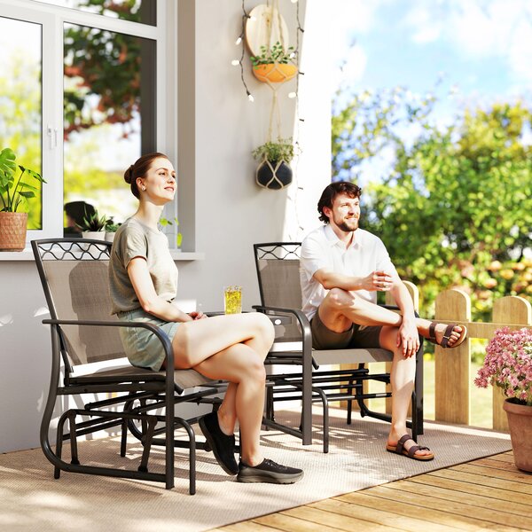 Outsunny Double Outdoor Glider Chair, 2 Seater Patio Rocking Chairs, Swing Bench w/ Tempered Glass Table, Mesh Fabric for Backyard, Garden, Brown