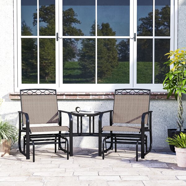 Outsunny Double Outdoor Glider Chair, 2 Seater Patio Rocking Chairs, Swing Bench w/ Tempered Glass Table, Mesh Fabric for Backyard, Garden, Brown