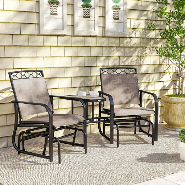 Outsunny Double Outdoor Glider Chair, 2 Seater Patio Rocking Chairs, Swing Bench w/ Tempered Glass Table, Mesh Fabric for Backyard, Garden, Brown