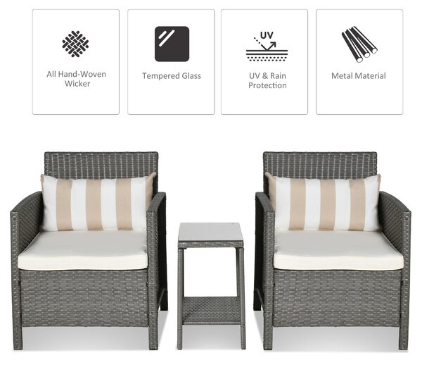 Outsunny Waterproof Rattan Garden Furniture 3 Pieces Patio Bistro Set Wicker Weave Conservatory Sofa Chair & Table Set w/ Cushion Pillow Aosom UK