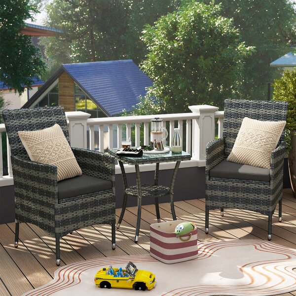 Outsunny 3 PCs Rattan Garden Bistro Set with Cushions Patio Weave Companion Chair Table Set Conservatory, Light Grey Aosom UK