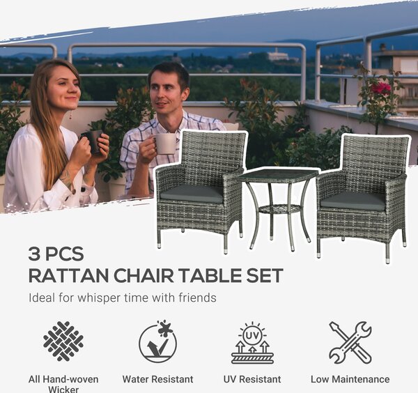Outsunny 3 PCs Rattan Garden Bistro Set with Cushions Patio Weave Companion Chair Table Set Conservatory, Light Grey Aosom UK
