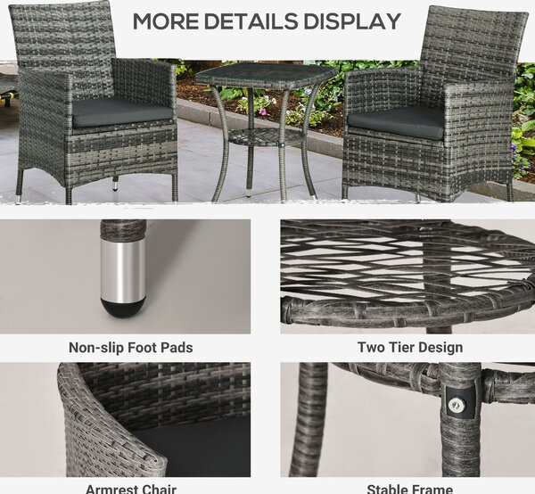 Outsunny 3 PCs Rattan Garden Bistro Set with Cushions Patio Weave Companion Chair Table Set Conservatory, Light Grey Aosom UK