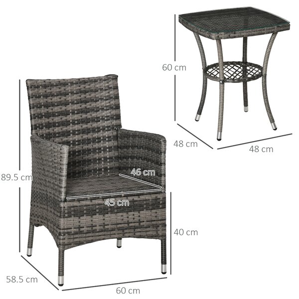 Outsunny 3 PCs Rattan Garden Bistro Set with Cushions Patio Weave Companion Chair Table Set Conservatory, Light Grey Aosom UK