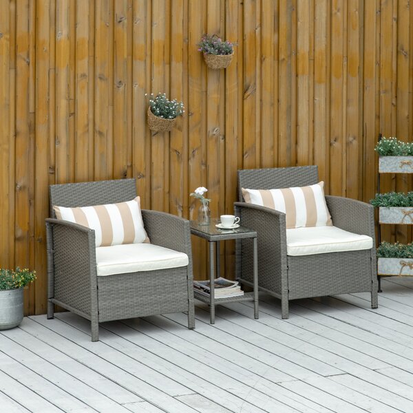 Outsunny Waterproof Rattan Garden Furniture 3 Pieces Patio Bistro Set Wicker Weave Conservatory Sofa Chair & Table Set w/ Cushion Pillow Aosom UK