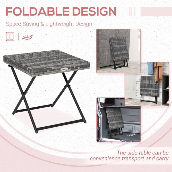 Outsunny Garden Small Folding Square Rattan Coffee Table Bistro Balcony Outdoor Wicker Weave Side Table 40H x 40L x 40Wcm Grey Aosom UK