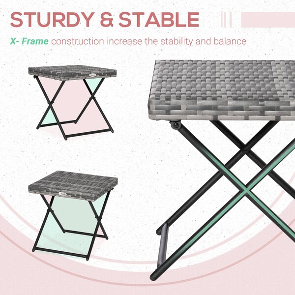 Outsunny Garden Small Folding Square Rattan Coffee Table Bistro Balcony Outdoor Wicker Weave Side Table 40H x 40L x 40Wcm Grey Aosom UK